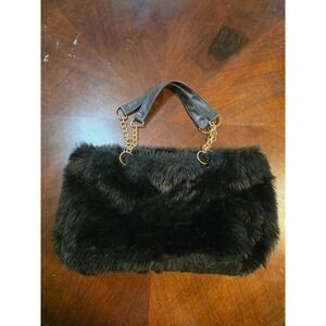 Black Faux Fur Purse Handbag Tote Bag with Gold tone Chain Accent - Women's
